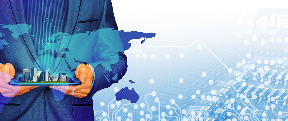 Man in a business suit with a world map superimposed on him holding a tablet with buildings coming out if it.