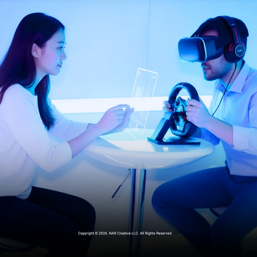 A woman and a man with VR headset at a table, man holding a steering wheel. Futuristic setting with blue lighting and digital screens.