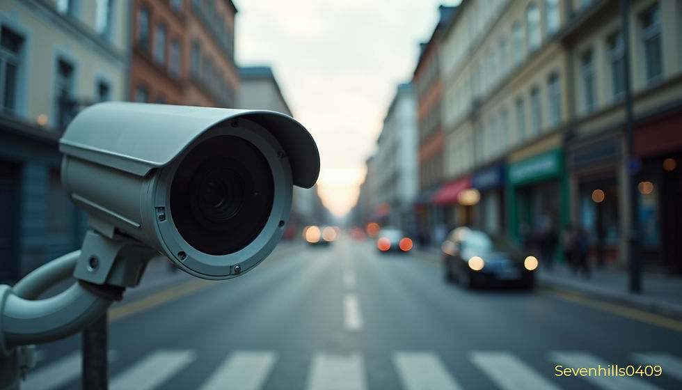 Eye-level view of a surveillance camera on a city street