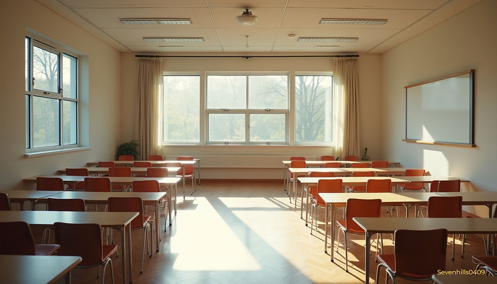 Wide angle view of an empty community center room for senior workshops