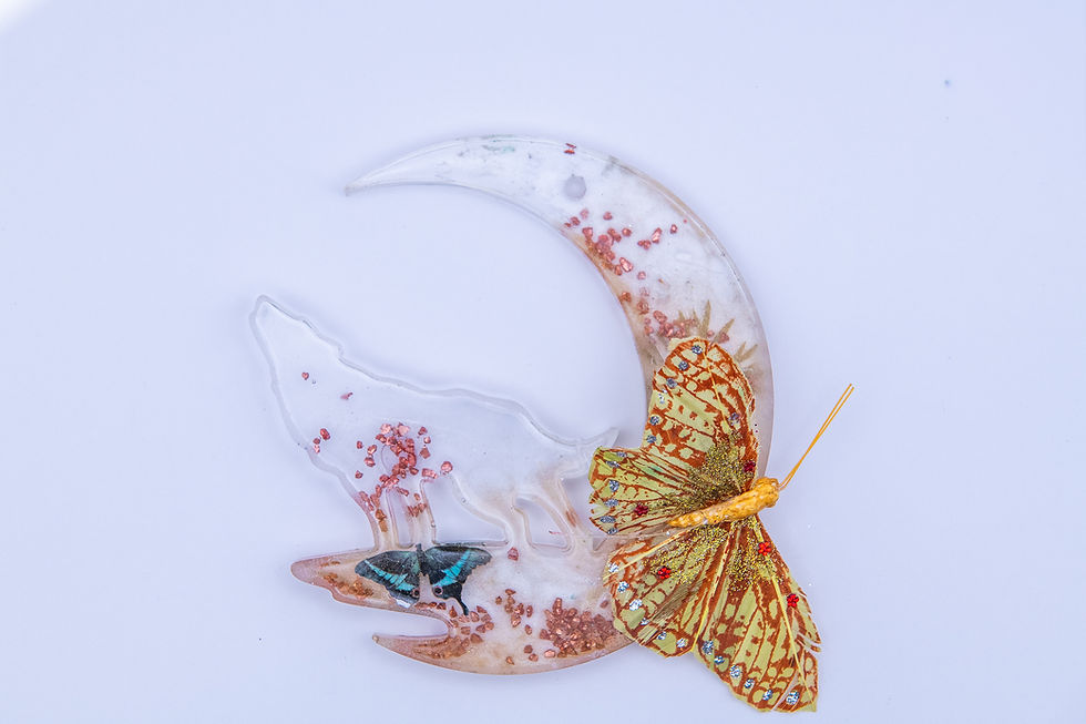 Thumbnail: Clear With Gold Specks Wolf On Moon with Butterfly