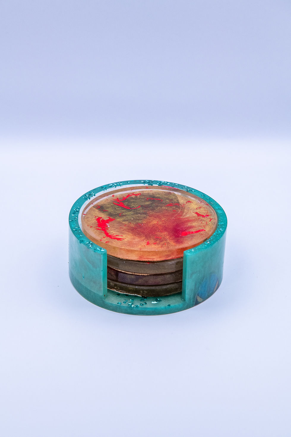 Thumbnail: Gold Flower Pressed Coasters In Blue Holder - Set of 4