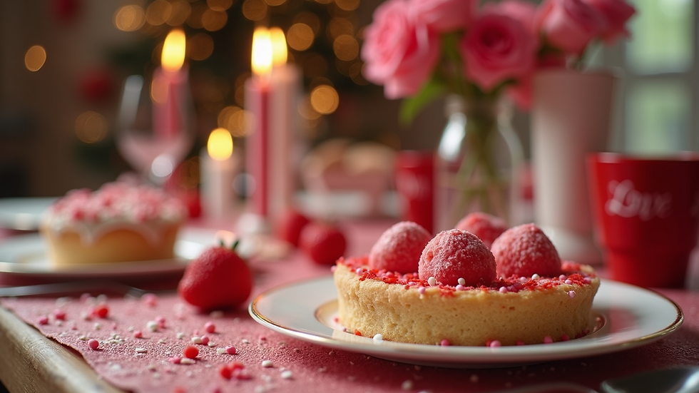 Close-up view of a cozy Valentine's Day party table with decorations and treats
