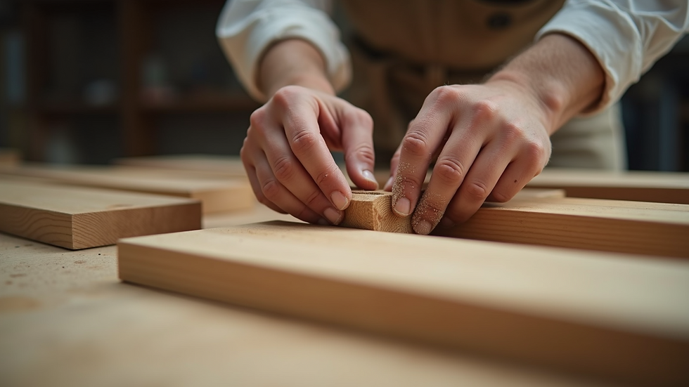 Close-up view of carpenter’s hands assembling wooden furniture