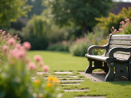 Wooden bench next to a garden path