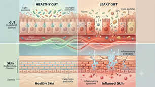 Healthy gut and skin barrier versus disrupted and inflamed skin barrier and leaky gut.