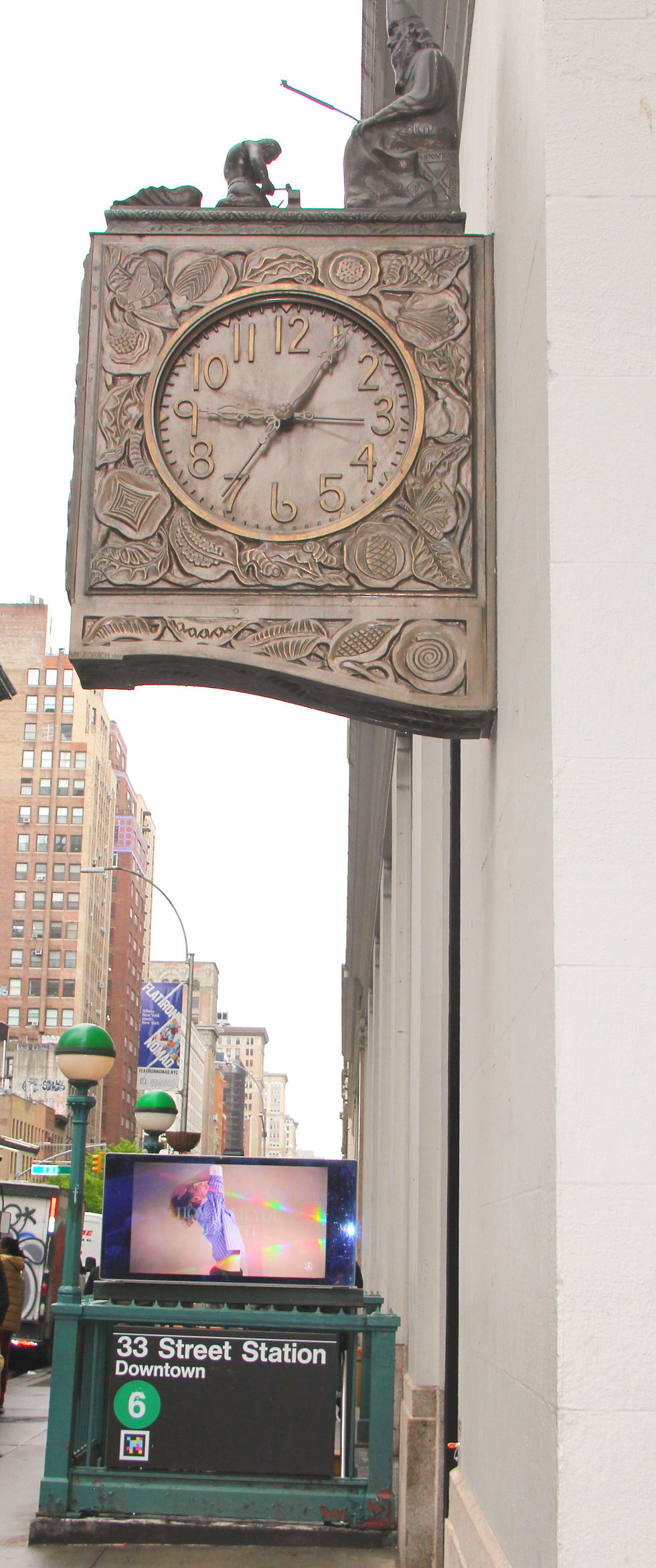 The Wizard of Park Avenue, a 1926 animated clock sculpture by William Zorach, featuring Zoroaster atop a silkworm‑themed clock that performs a mechanical show every hour, on the corner of 470 Park Avenue South and East 32nd St. one block away of CINCO DE MAYO.