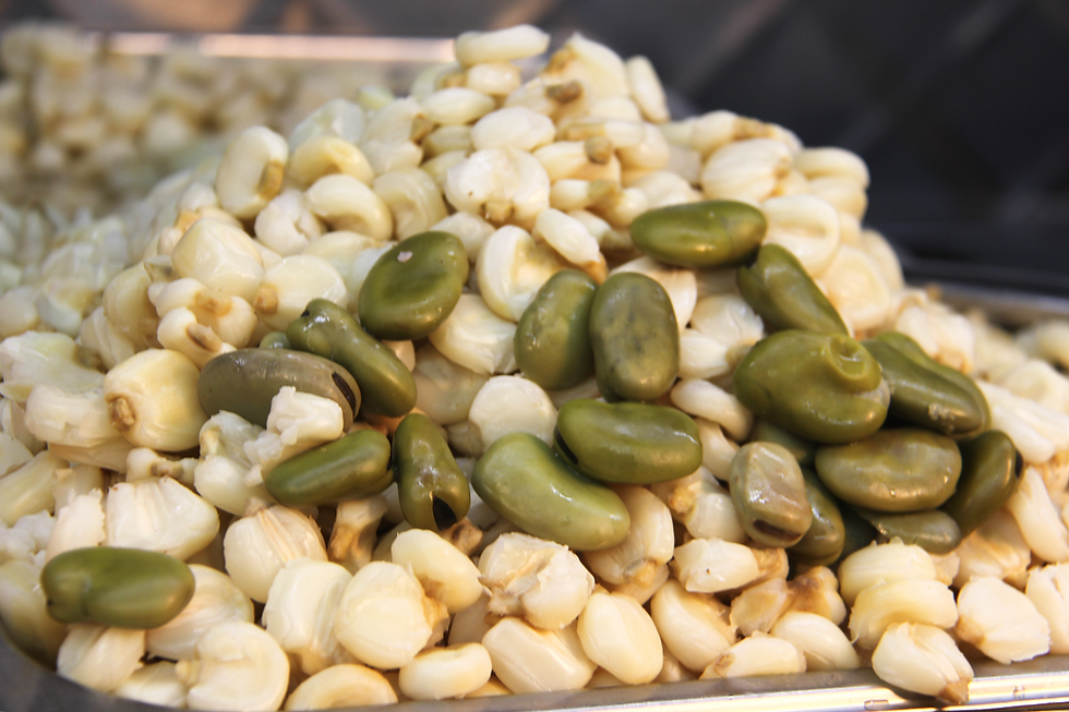 Fava beans and maize (mote, choclo-mote) serve as a traditional accompaniment to Fritada.