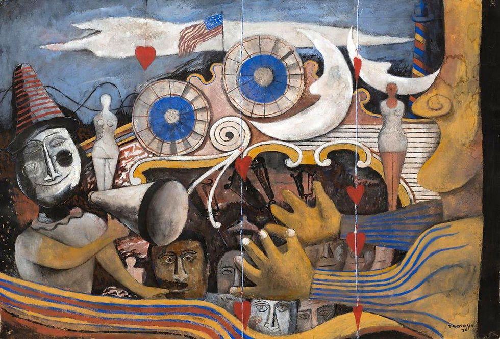 En 1936 Rufino Tamayo pintó Carnival, reflejando preocupaciones globales de su tiempo, desde la perspectiva de un latinoamericano viviendo en Nueva York. Gouache sobre papel, 38.1 × 55.9 cm (15 × 22 pulgadas), Museo de Arte Americano del Smithsonian, adquisición del museo a través del Fondo de Dotación Luisita L. y Franz H. Denghausen, número de catálogo 2017.22.