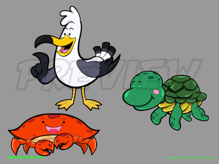 cartoon, vector art, cute, beach, seagull, sea turtle, crab, ocean, sea