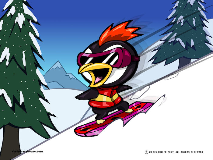 cartoon, vector art, cute, penguin, snowboarding, xgames,