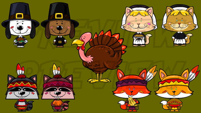 cartoon, vector art, cute, thanksgiving, holiday, puppy, pilgrims, natives, turkey,