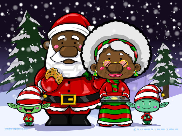 cartoon, vector art, cute, Christmas, Elves, Santa, Mrs Claus