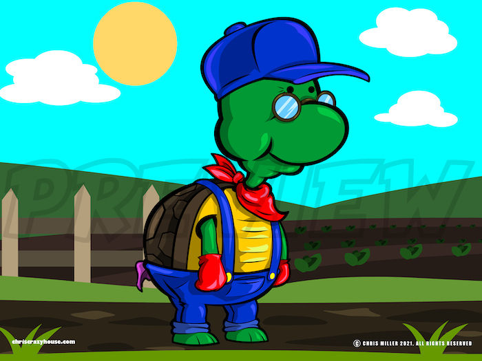 cartoon, vector art, cute, turtle, farmer, old, farm,