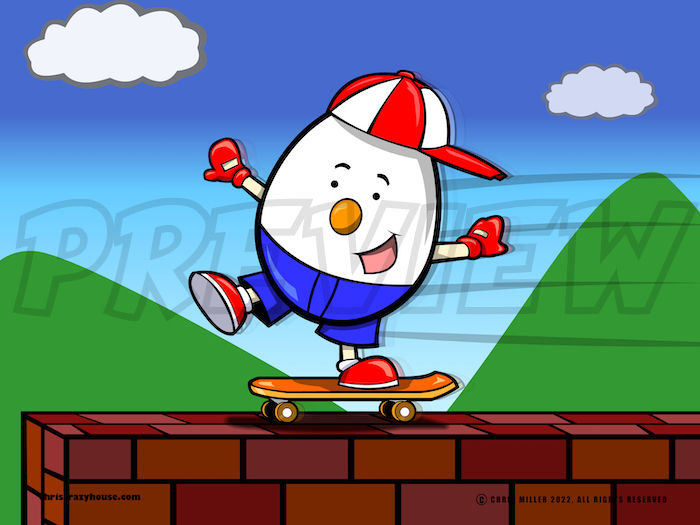 cartoon, vector art, cute, Humpty Dumpty, Egg, Brick wall, skateboard,