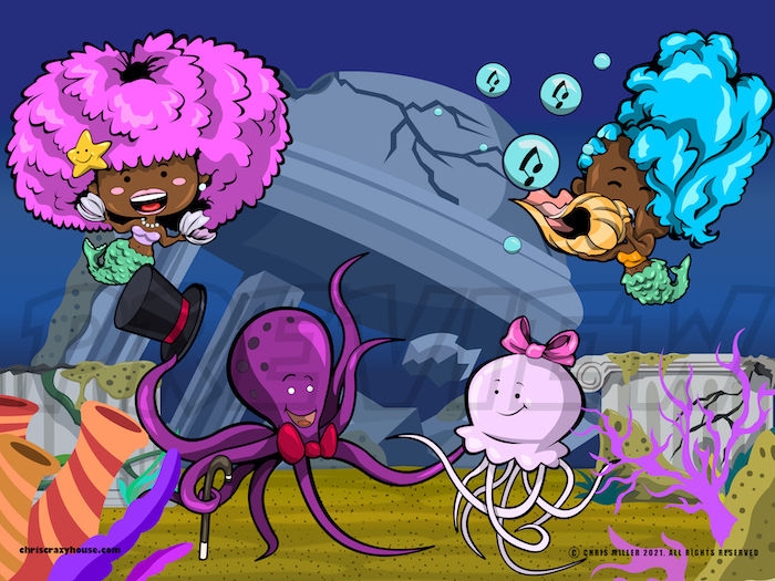 cartoon, vector art, cute, mermaids, jellyfish, Octopus, ocean, sea,