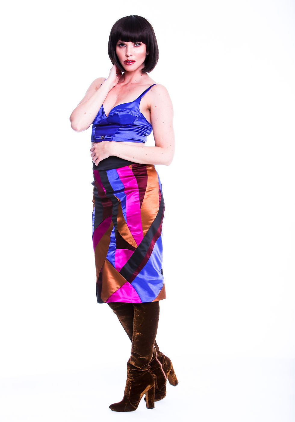 Thumbnail: Cobalt Blue Satin Bralet & Multi Satin Patchwork Skirt