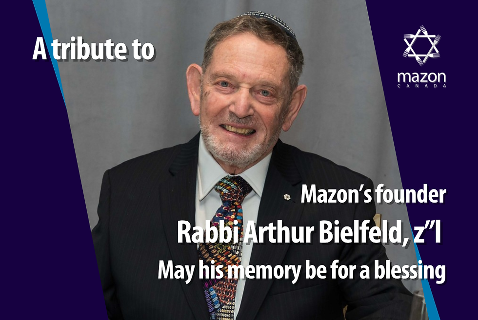 A picture of Rabbi Bielfeld with the text "A tribute to Mazon's founder, Rabbi Arthur Bielfeld, z"l, may his memory be for a blessing."