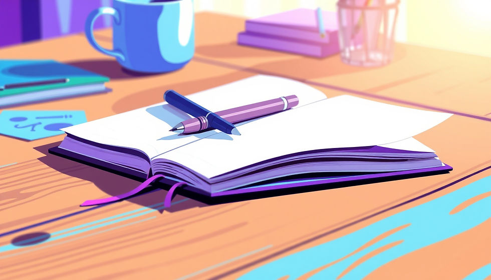 Eye-level view of a vibrant writing desk with a notebook and pen