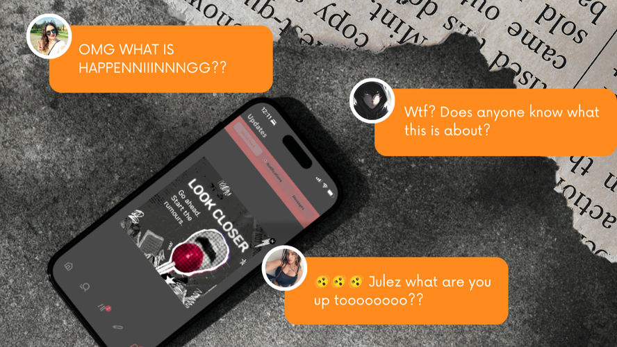 Phone with Wattpad notification, surrounded by orange chat bubbles speculating about Julez and Duplicity