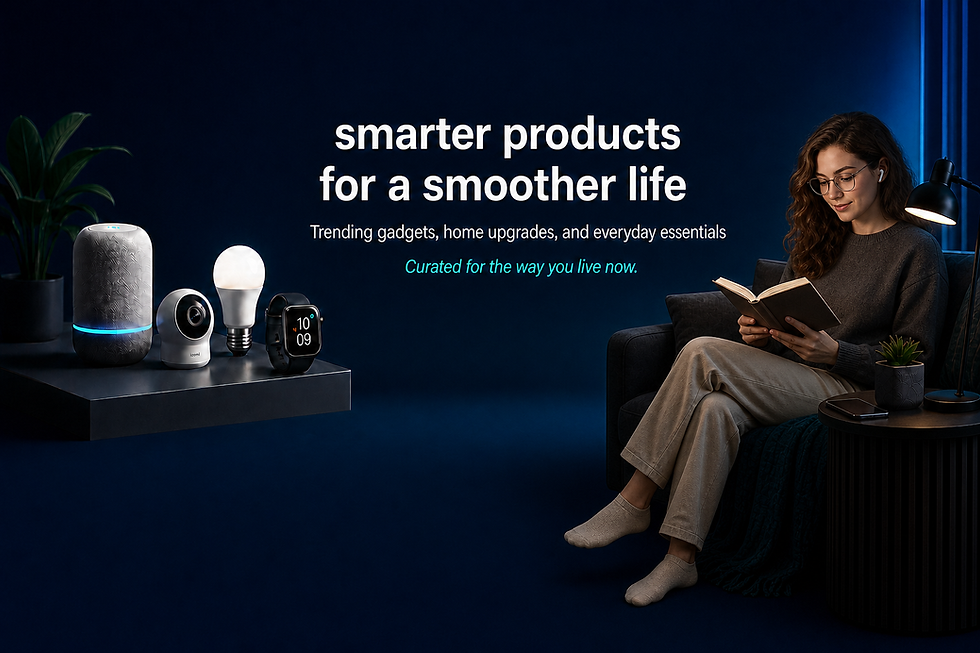 Woman reading with smart home gadgets and trending products