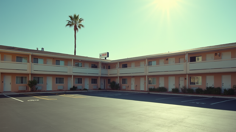 Wide angle view of modern motel exterior with accessible parking