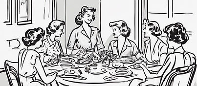 A group of women sitting around a dining table filled with food in the 1950s