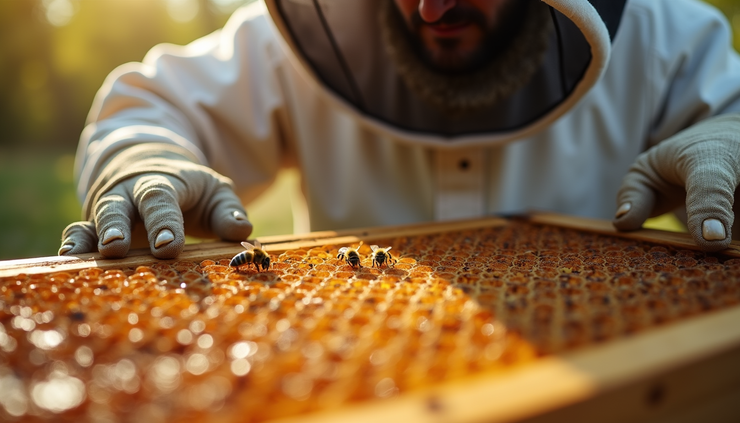 Eye-level view of beekeeper inspecting honeycomb nursery cells inside a beehive