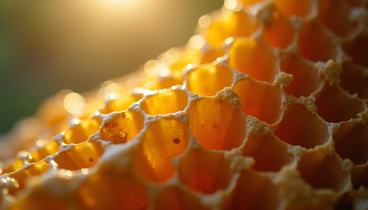 High angle view of a bee hive with honeycomb cells filled with honey