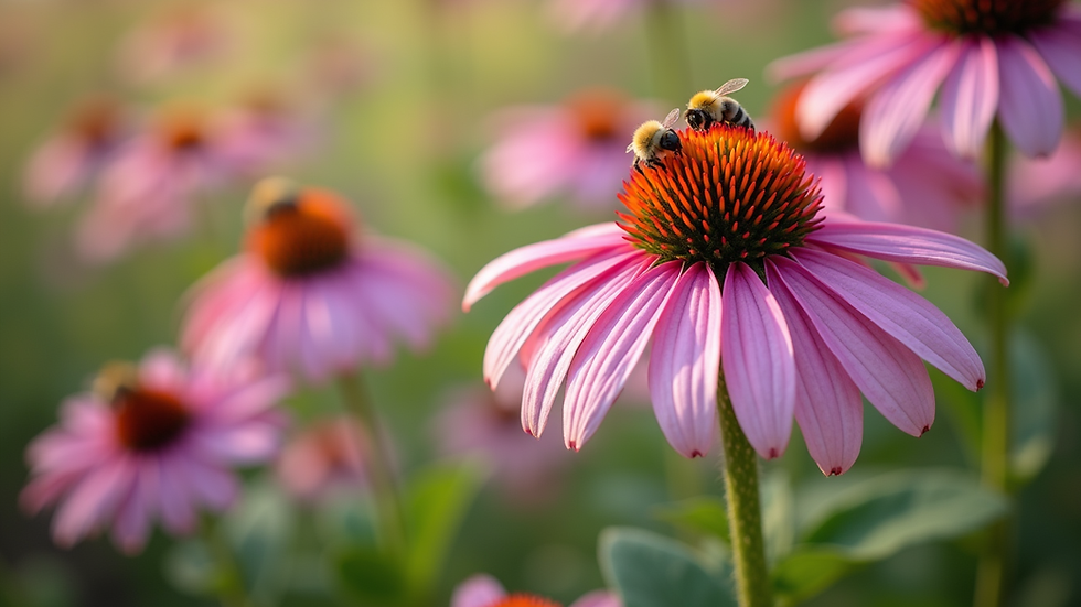 Close-up view of purple coneflowers blooming in a sunny garden