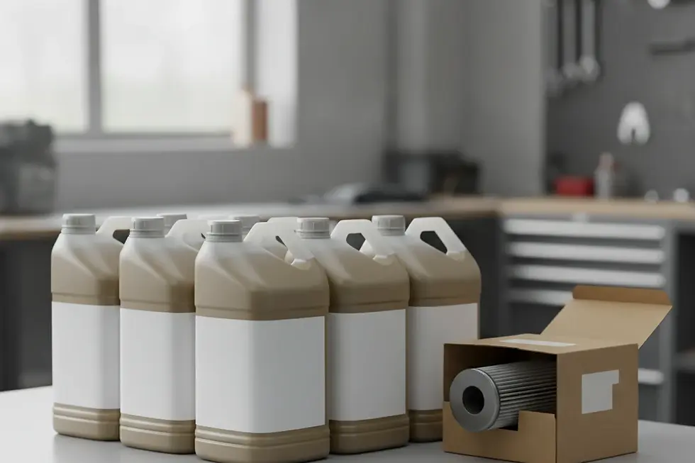 diesel engine oil jugs and an oil filter arranged on a service shop counter