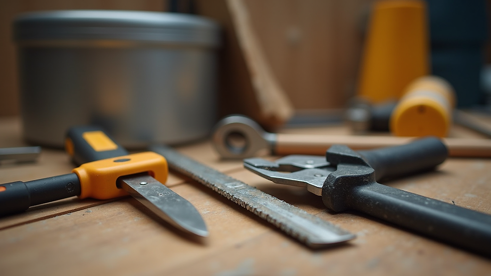 Close-up view of a handyman’s toolkit on a wooden surface
