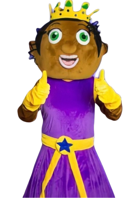 Mascot of an animated queen wearing purple and yellow