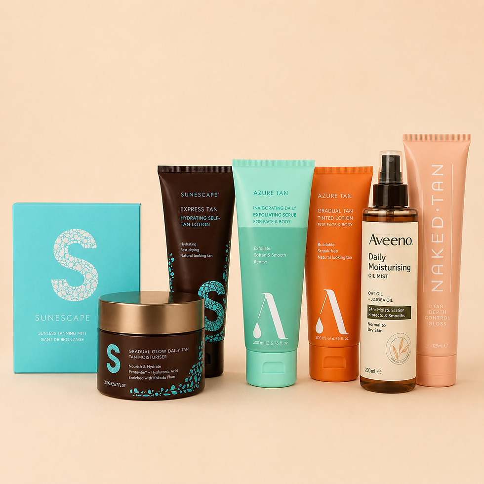 The Tan Depth Control System with exfoliating mitt, body scrub, tan-safe wash, moisturiser, oil mist and tan colour boosters