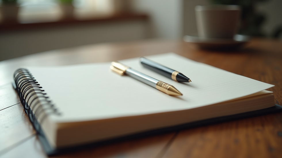 Close-up view of a journal and pen on a wooden table