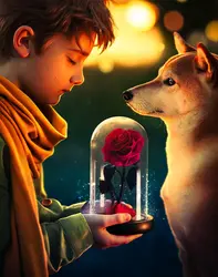 Rappresentazione del Piccolo Principe, un bambino che con occhi chiusi e sognanti tiene in mano La Rosa e il suo cane shiba inu lo osserva curioso.