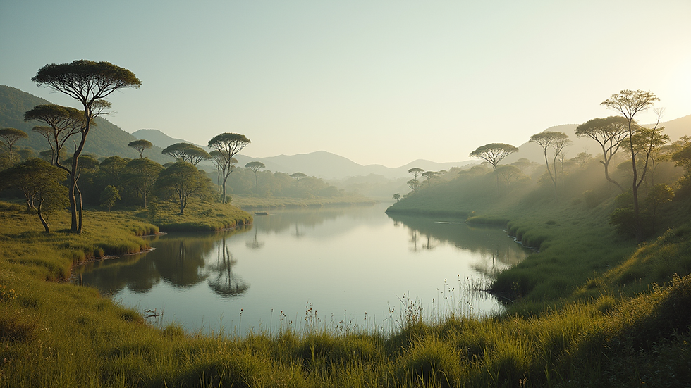 Wide angle view of a savanna reservoir surrounded by lush vegetation