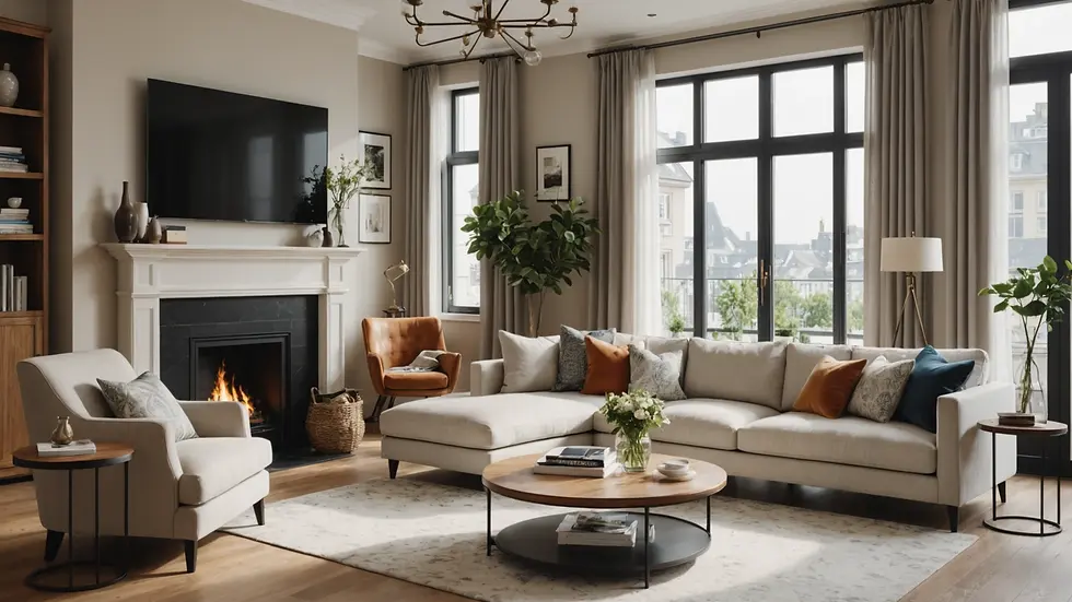 Eye-level view of a stylish living room setup in a home
