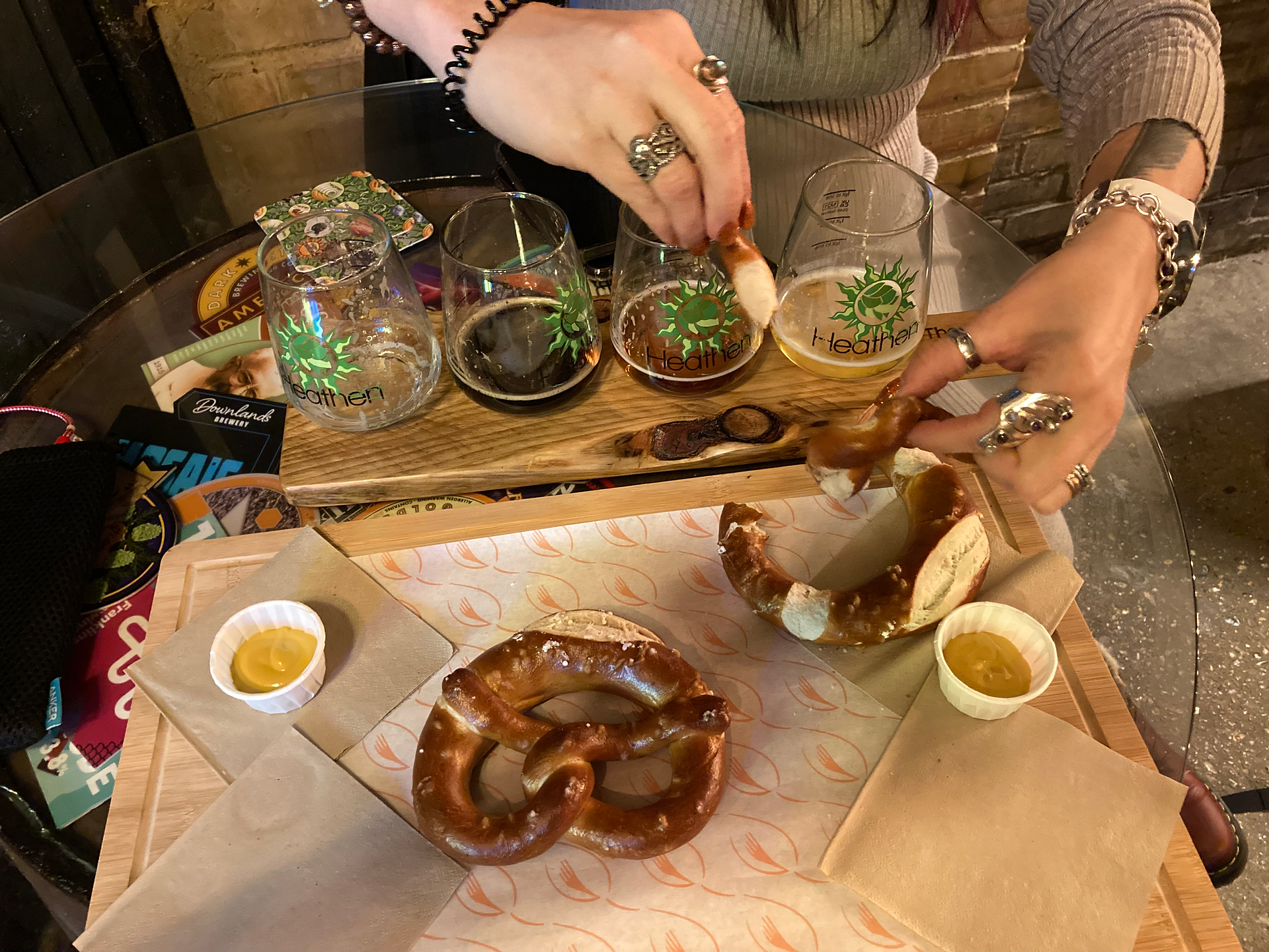 Beers and pretzels on a table