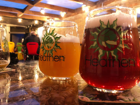 Close up of beer glasses on a table in a taproom