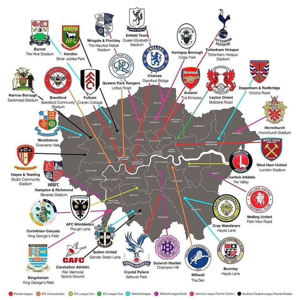 This map shows the clubs in the top 8 tiers of English Football within the city of London.
