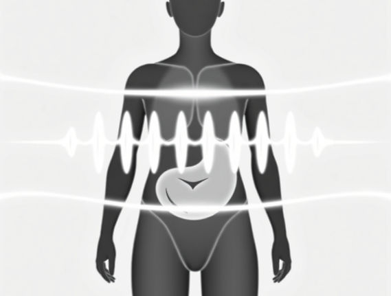 Black and white image of a body with 4 frequency waves going through it.  Make the waves s