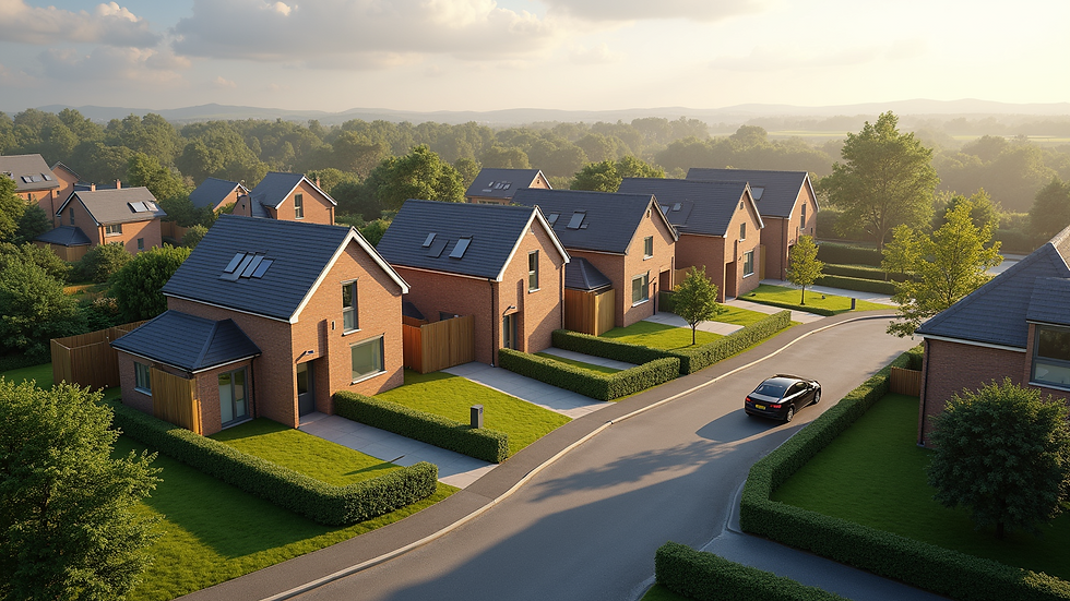 High angle view of a new affordable housing development with green spaces