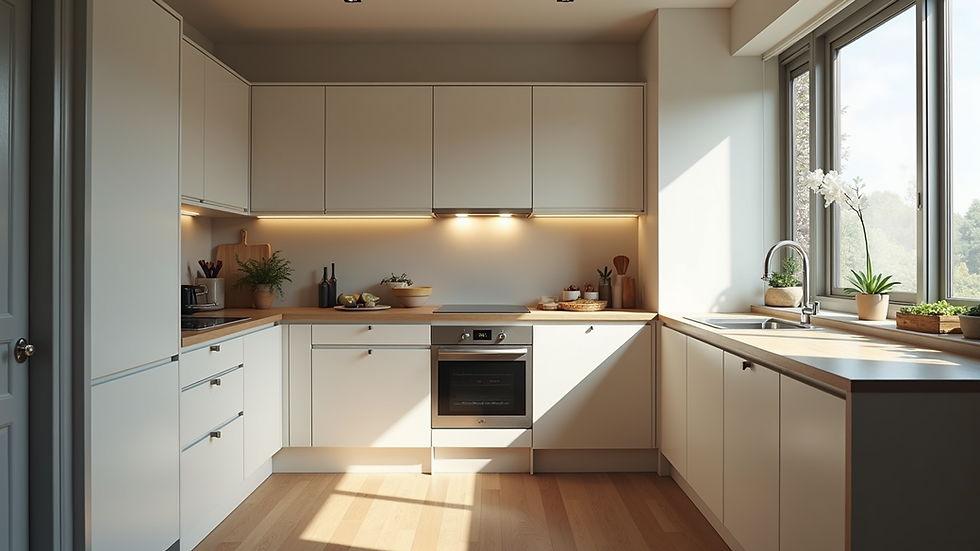 High angle view of a serviced apartment kitchen with modern appliances