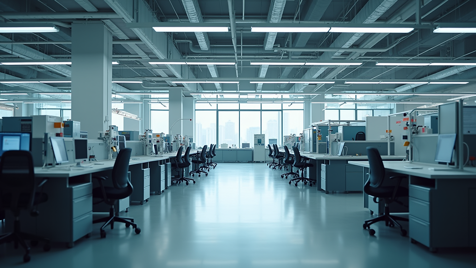 Eye-level view of a modular factory floor with flexible workstations