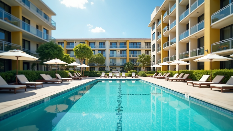 Wide angle view of a swimming pool at a serviced apartment complex