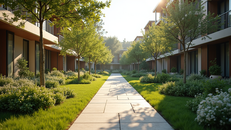 Wide angle view of landscaped garden with walking path at Amora 9 Residence