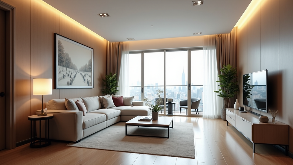 Eye-level view of a modern living room in a serviced apartment