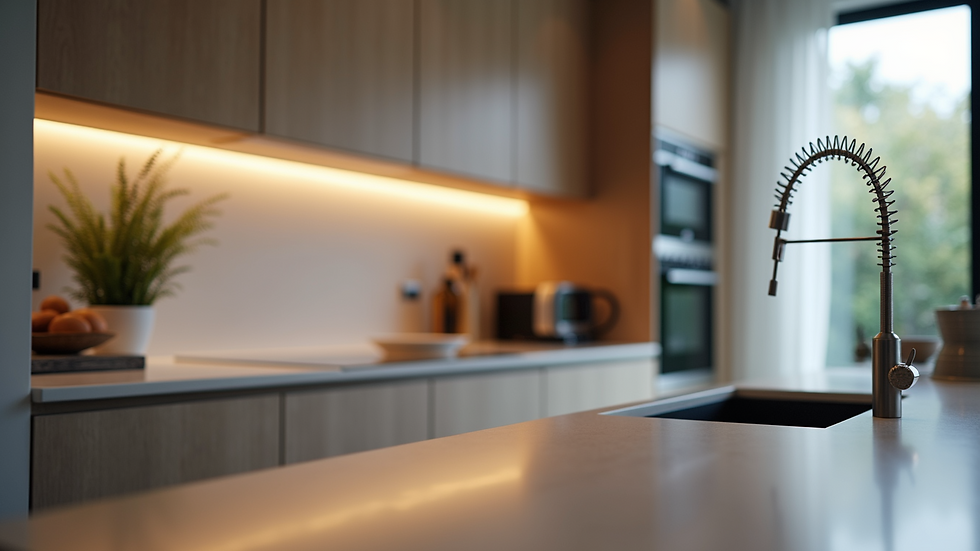Close-up view of a modern kitchen with sleek cabinetry and appliances