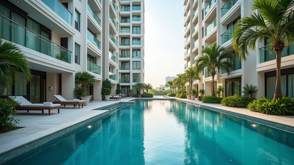 Wide angle view of a serviced apartment building with a swimming pool